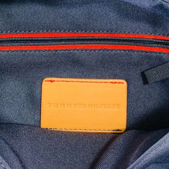 TOMMY HILFIGER Dome Backpack 17" Monogram Logo Navy Teal Canvas Preppy Bag VGUC - Picture 9 of 12